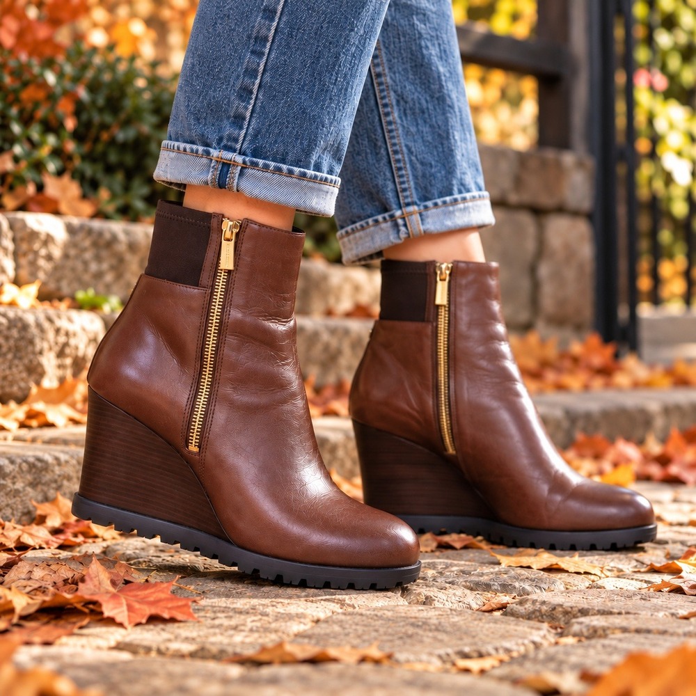 Michael Kors Ankle Boots Leather Wedge Heel Lug Sole Side Zip Brown Women's 7.5M